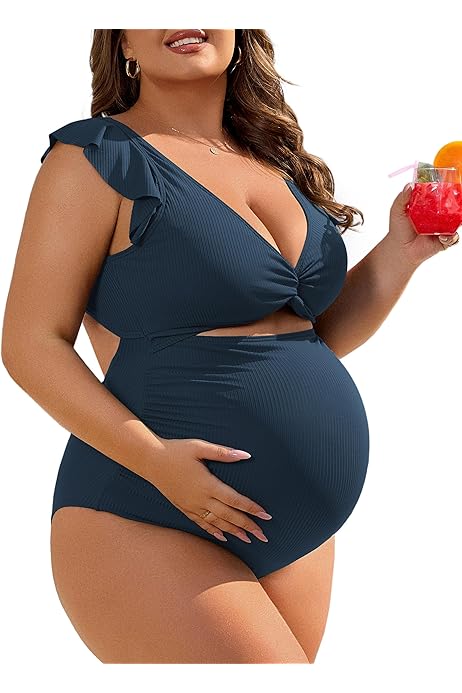 thumbnail image 2 of V VOCNI Maternity One Piece Swimsuit - Cutout Tie Back, Ruffle Sleeves, Push Up 2 of 13