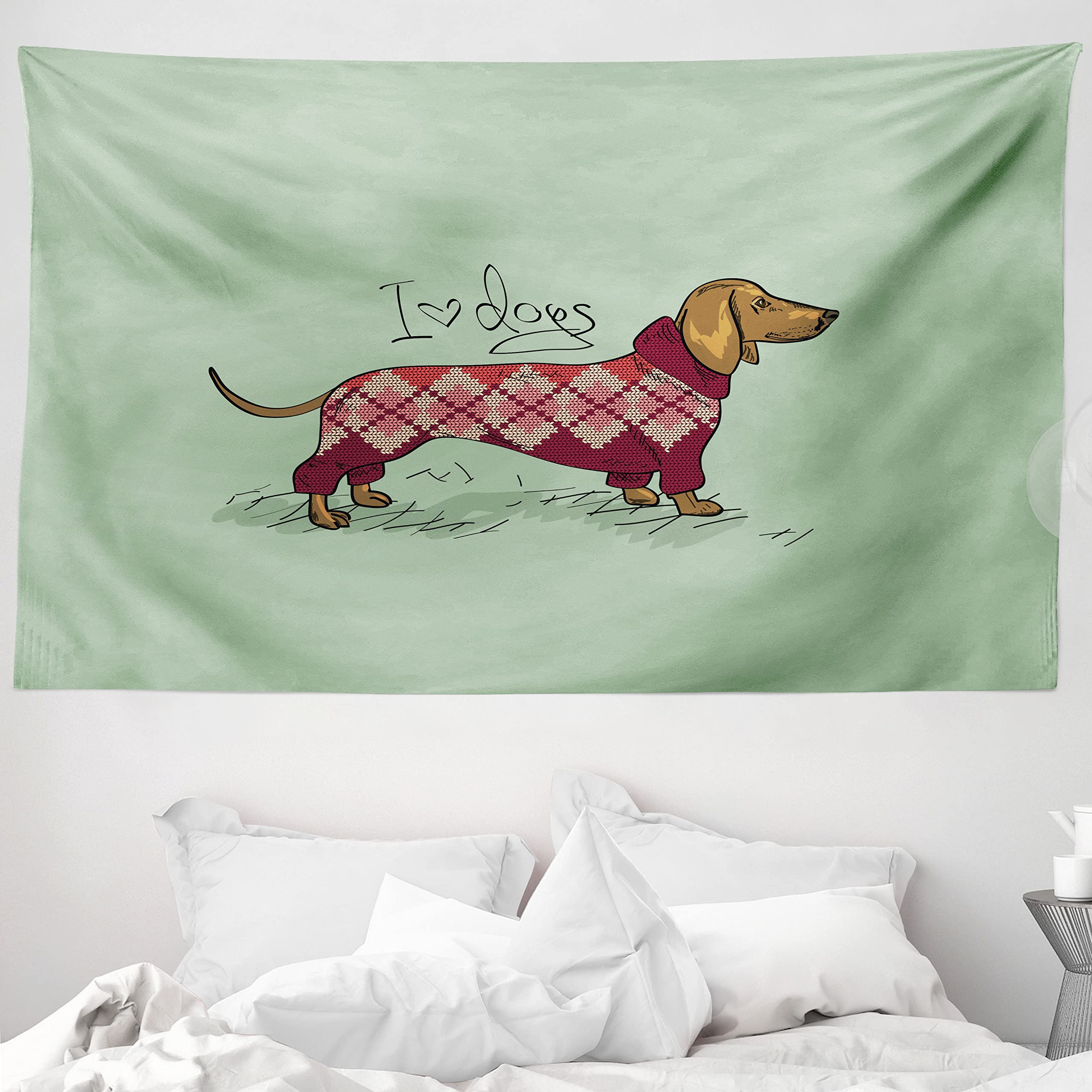 ABAKUHAUS Dachshund Tapestry, Cute Dog in Knitted Sweater Design Detailed Colorful Cartoon Style Animal Pattern, Fabric Wall Hanging Decor for Bedroom Living Room Dorm, 90 W X 54 L, Multicolor