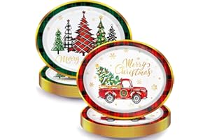 LINHAXM 30 PCS Christmas Oval Paper Plates, 9 x 11 Inch Large Disposable Buffalo Plaid Truck & Christmas Tree Plates for Holiday Xmas Dinnerware Table Decorations