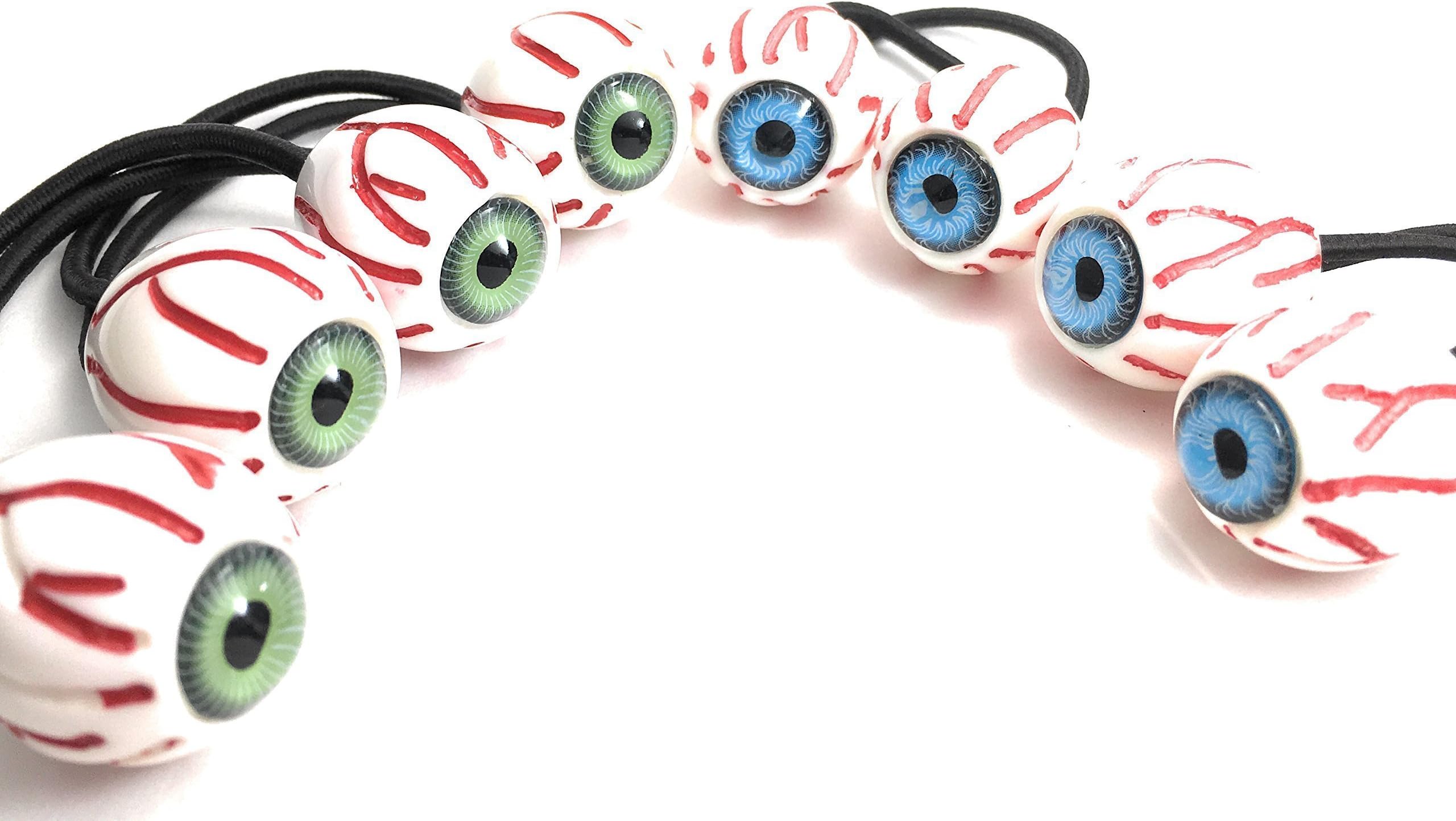 Eyeball Hair Tie - Cute Creepy Adorable Scary Japanese Harajuko Fashion Pastel Goth Punk Harajuko Costume Cosplay Accessory (2 pairs, Complete Set [Blue & Green])