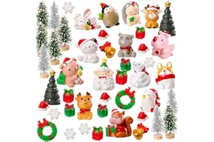 Sawysine 64 Pcs Christmas Miniatures Figurines Santa Xmas Garden Miniature Ornaments Kit Snowman Christmas Fairy Resin Ornaments Pine Tree for Christmas Garden Accessories (Animal)