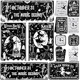 13 Pcs Vintage Witch Halloween Kitchen Decor, Kitchen Rugs Curtains Set | Gothic Kitchen Rugs Valance Towels Pot Holders Oven Mitts Decorations, Spooky Black and White Halloween Decorations