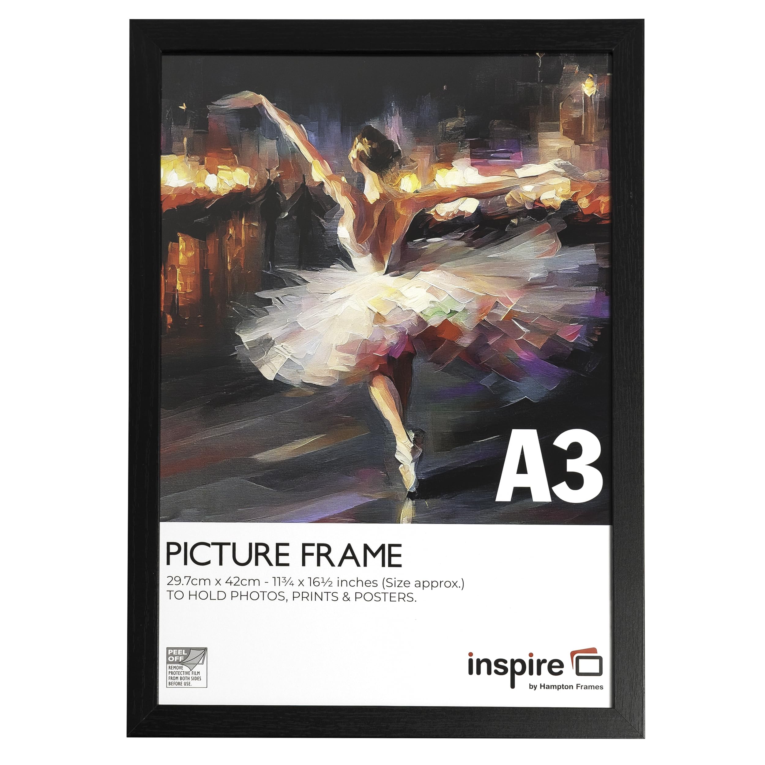 inspire by Hampton Frames | Poster Frame CAMBRIDGE | A3 (29.7x42cm), Black, Engineered Wood, Paperwrapped Wood Effect, Acrylic Front | Wall Mount, Portrait or Landscape Display