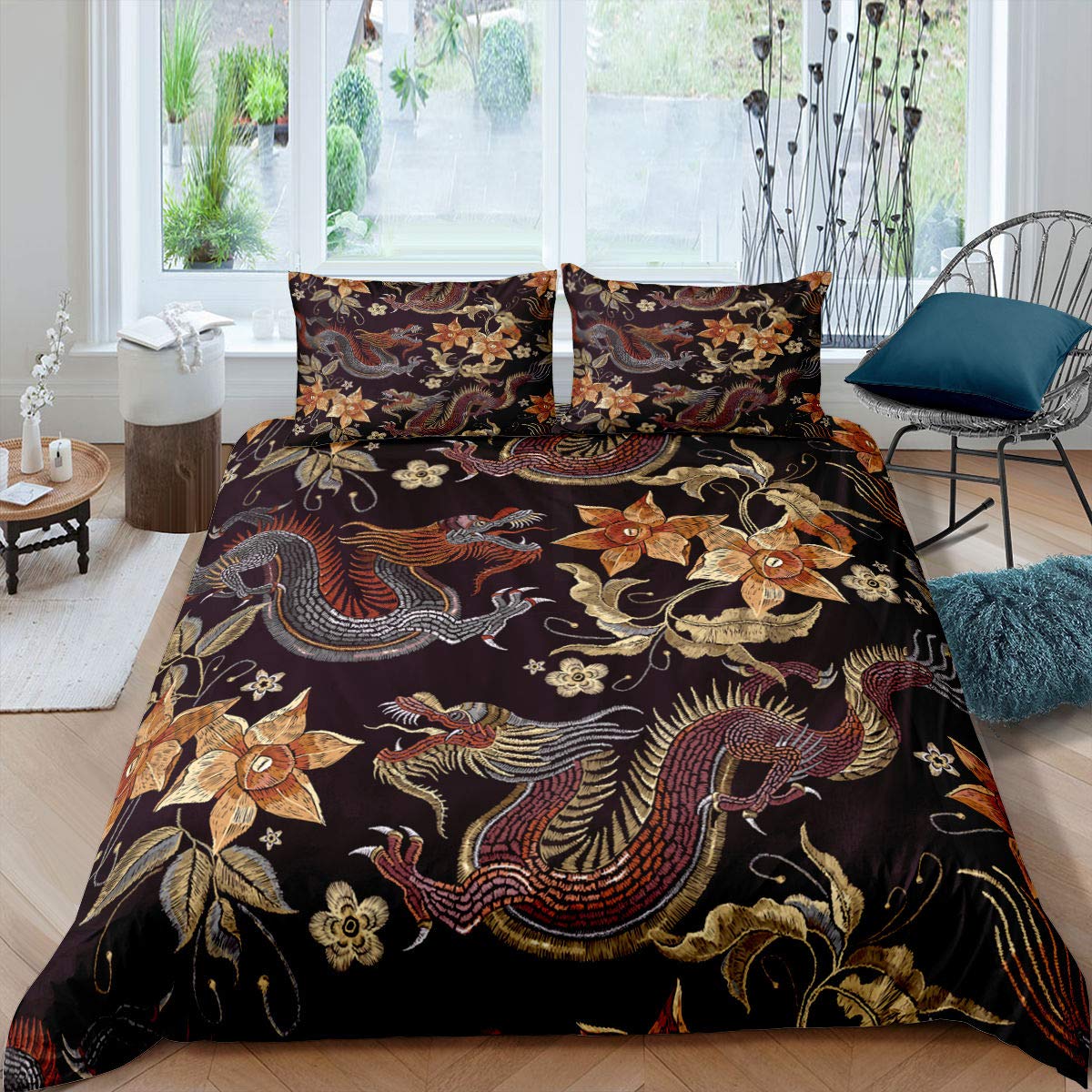 Loussiesd Dragon Duvet Cover Single Chinese Style Bedding Sets Animal Pattern Plant Floral Decor Comforter Cover China Culture Theme Bedding with Zipper Ties Soft Luxury for Adult Boys Men