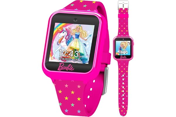 Barbie Kids Smart Watch - Interactive Touchscreen with Games, Selfie Camera, Step Tracker, Alarm, and Stylish Printed Silicone Strap - Fits Wrists 5.5" to 8.5"