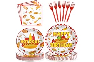 Grencian 96Pcs Hot Theme Dog Birthday Party Supplies Fast Food Party Plates and Napkins Disposable Hotdog Birthday Decorations Tableware Set for Adults Kids Picnic Baby Shower Sausage BBQ Serves 24