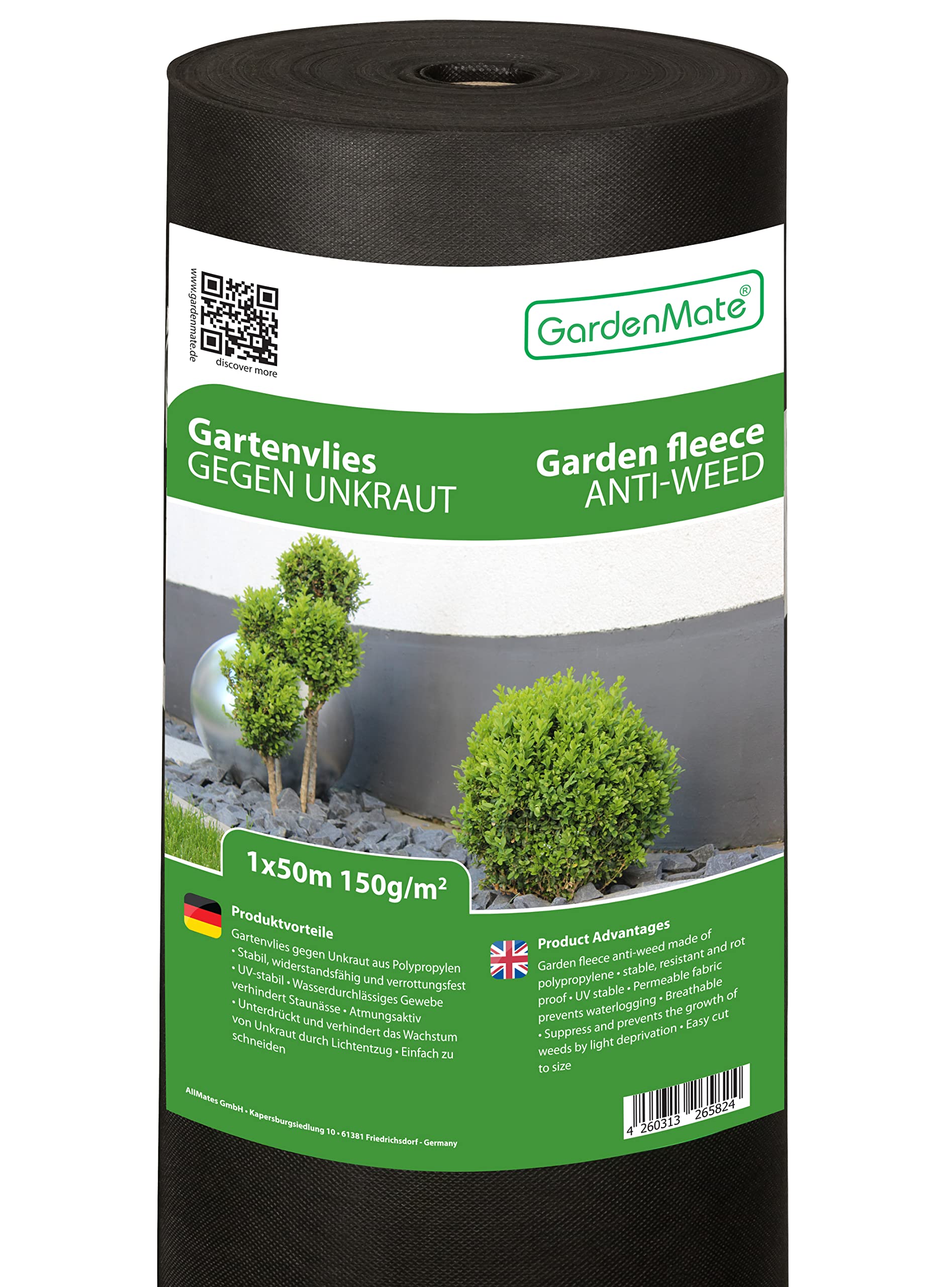 GardenMate 1m x 50m Roll non-woven weed control fabric - UV stabilised black 150gsm landscape ground cover membrane