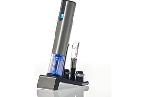 Wine Enthusiast 2-in-1 Electric Blue Automatic Wine Bottle Opener and Preserver Set – Fully Electric Corkscrew with Charging Station – Seal Bottle with Vacuum Stopper (7 Piece Set)