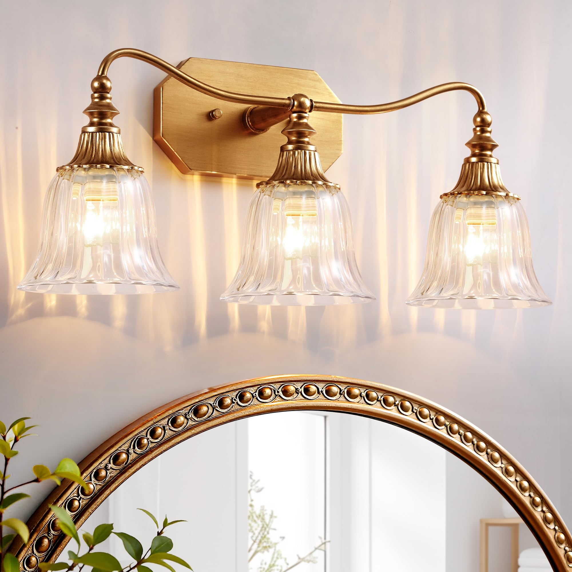 Photo 1 of Bathroom Vanity Gold Light Fixture, 3 Lights Bathroom Lighting Matte Antique Brass Finish with Crystal Glass Shade, Gold Vintage Vanity Light for Bathrooms