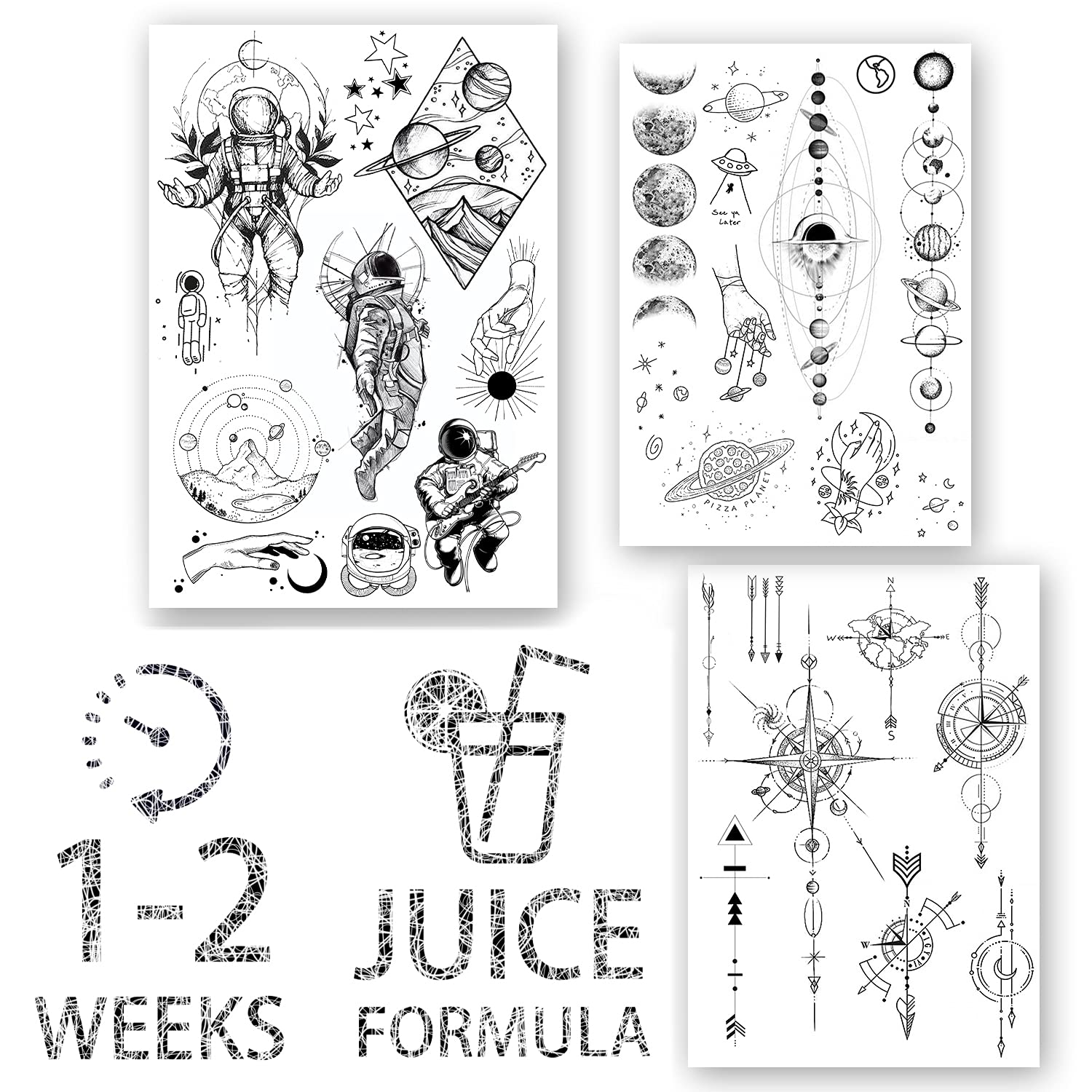 AWAKEN Tattos Semi-permanent Stickers Temporary Juice Tattoo Pack 3 sheets Design Unisex Astronaut Universe Moon Star Planets Galaxies Compass Arrow (SET 1)