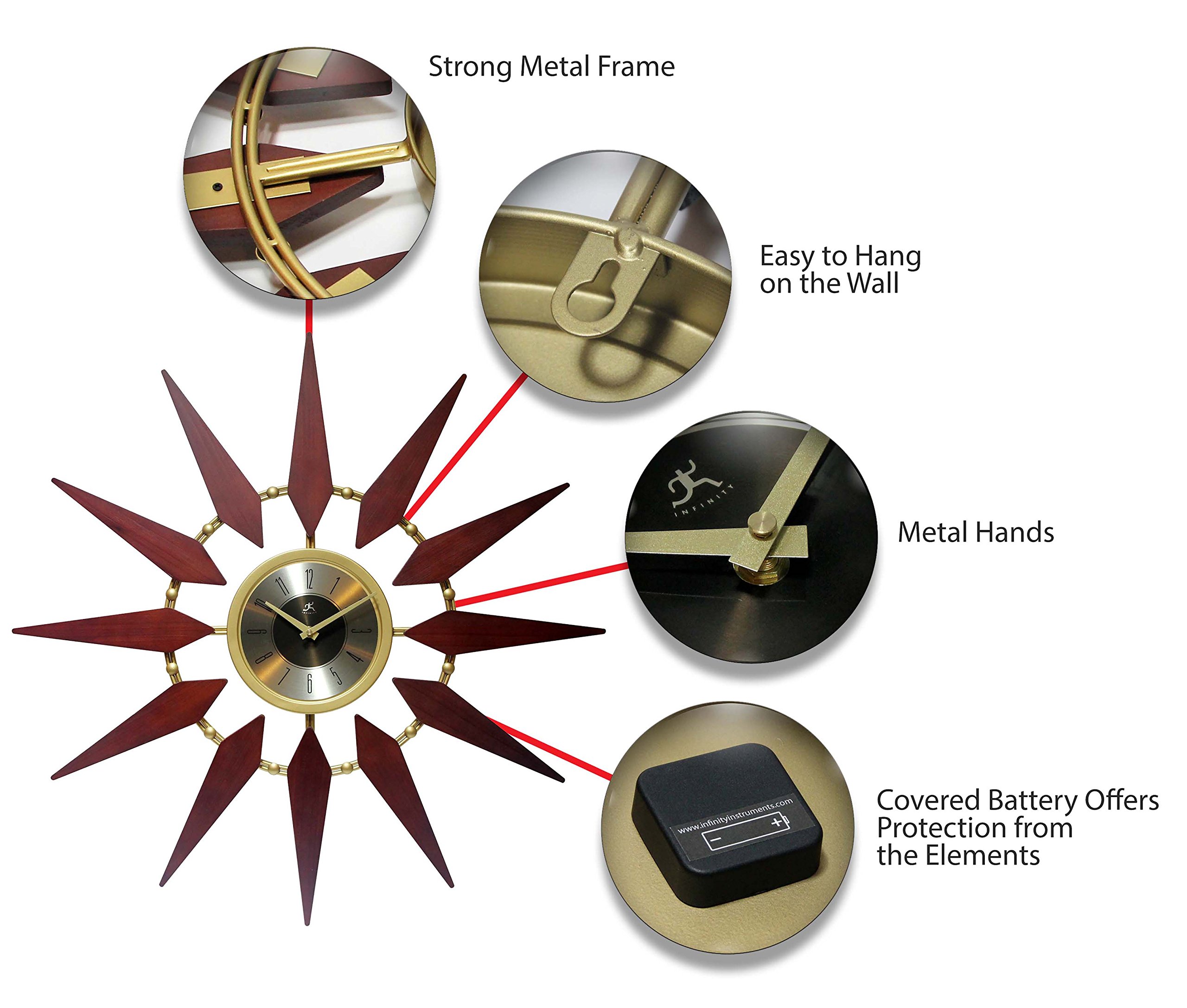 Infinity Instruments Orion 30 Inch Walnut Mid-Century Modern Starburst Wall Clock