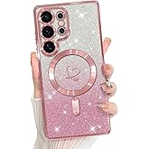 Bonoma Compatible with Samsung Galaxy S25 Ultra Case Support for MagSafe, Plating Heart Glitter Magnetic Case TPU Camera Protection Back Cover for Phone Case -Pink