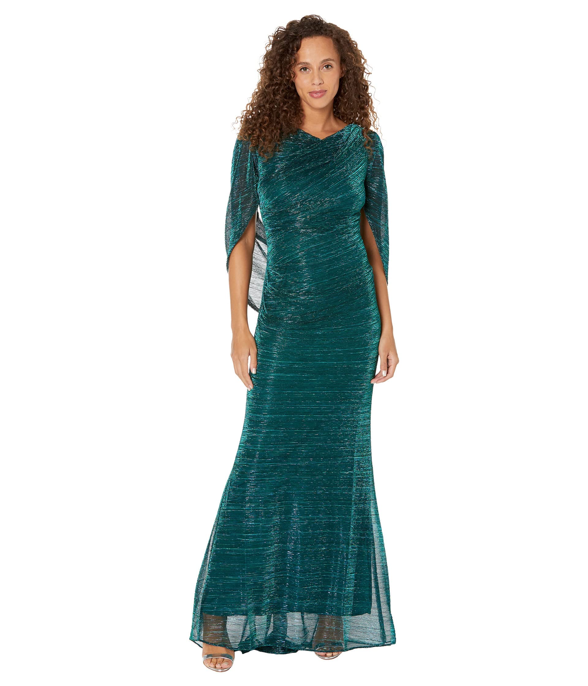 Betsy & Adam Women’s Long Stretchy Metallic 3/4 Sleeve Cowl Neck Drape Back Formal Dress, Jade