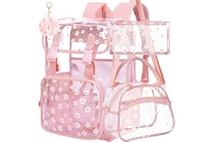 FTJCF 3PCS Pink Clear Backpack, Heavy Duty Transparent Bookbag for Girls Women, Stadium Approved See Through Backpack with Lunch Box (Pink Daisy)