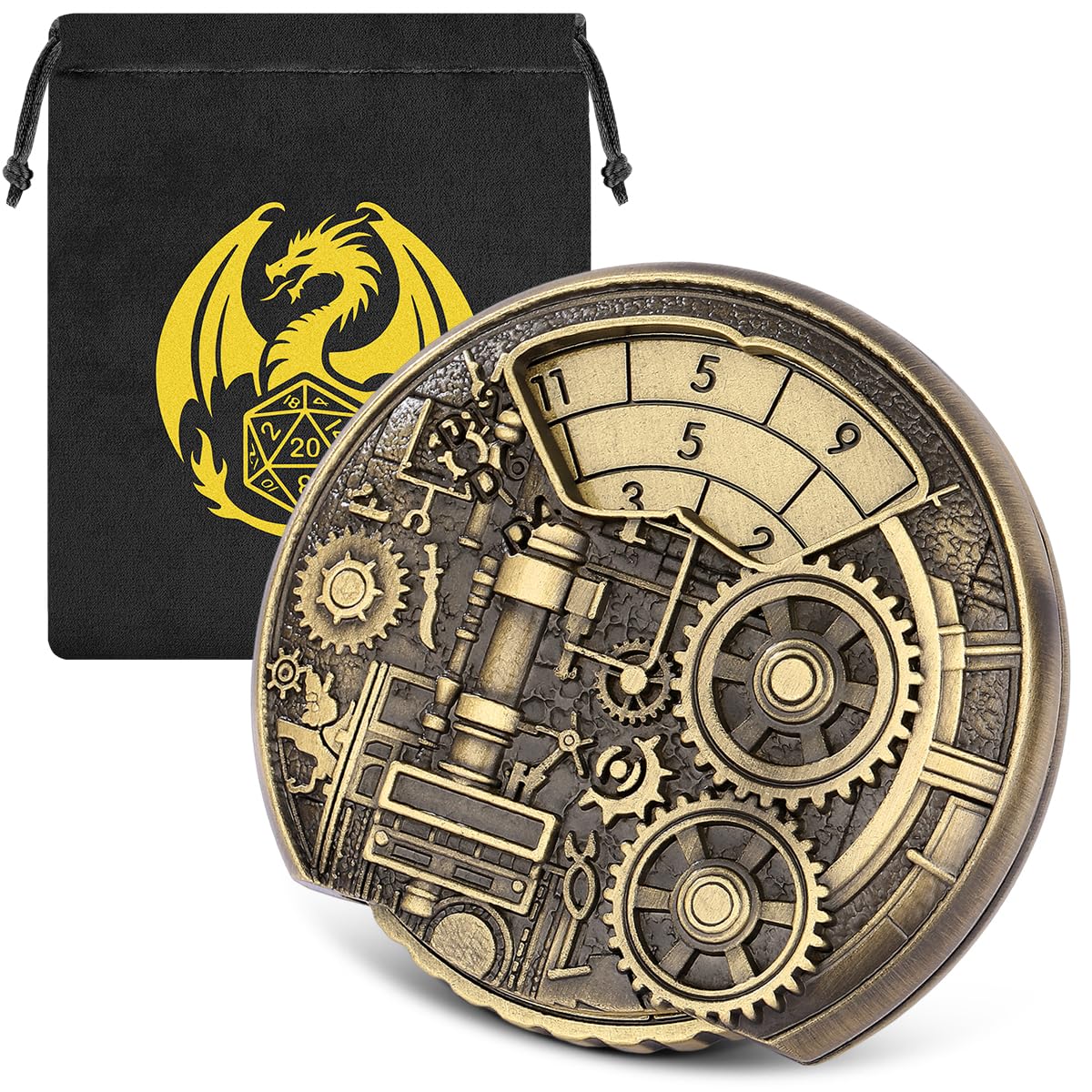 7-in-1 Dungeon Gear Fingertip Gyro, DND Wheel Dice Spiner, DND Starter Set, 7-in-1 Metal Dice Set, D&D Gifts with Dragon Logo Gift Bag, Tabletop Games, Role Playing Board Game Accessories, Bronze ﻿