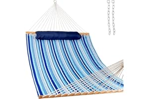 Lazy Daze Hammocks 12 FT Quilted Fabric Double Hammock with Spreader Bars and Detachable Pillow, 450 LBS Weight Capacity, Mixed Blue Stripes