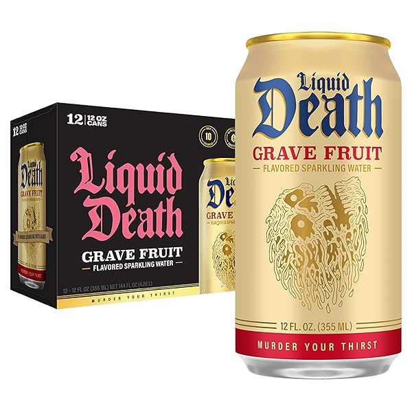 LIQUID DEATH SODA-FLAVORED SPARKLING WATER – GRAVE FRUIT (GRAPEFRUIT FLAVOR), LESS SUGAR*, HUGE FLAVOR, NO CAFFEINE, NO ARTIFICIAL SWEETENERS, 12 FL OZ (PACK OF 12)