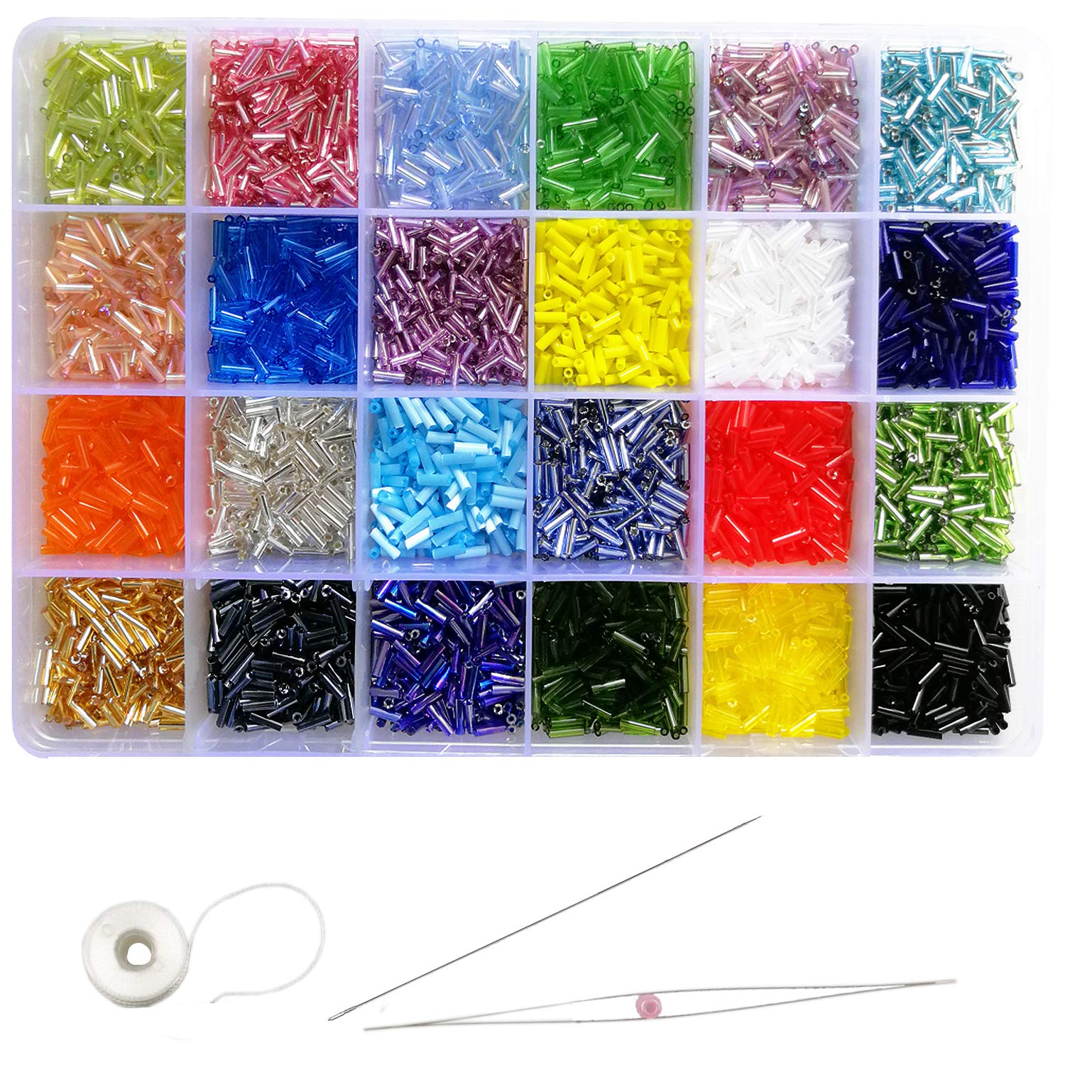 Tibaoffy Crafts Glass Bugle Beads 6mm Tube Spacer Beads Beading Needles with Organizer Box for Jewelry Making (24 Assorted Multicolor Set, Total About 7200pcs)