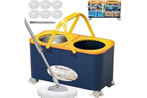 WODEMOM 2025 Upgraded Gen 1 Mop and Bucket with 360° Swivel Wheels for Easy Rolling, Clean & Dirty Water Separation, Hands-Free Wringer, 6 Microfiber Mop Heads for Wood, Tile, and Floor Cleaning – Blue/Yellow