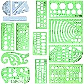15PCS Geometric Drawings Templates, Measuring Geometry Rulers, Drafting Stencils Measuring Tools