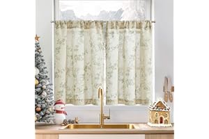 jinchan Floral Kitchen Curtains 36 Inch Linen Tier Curtains Christmas Decor Farmhouse Cafe Half Window Drapes Over Sink Light Filtering for Living Room Laundry Rod Pocket 2 Panels Sage Green on Beige