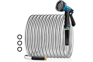 Besiter Garden Hose 100FT Stainless Steel Water Hose with 10 Functions Adjustable Spray Nozzle, Heavy-Duty Metal Garden Hose Flexible Durable No-Tangle & Kink Leak Dog Proof Hose for Yard Lawn(Blue)