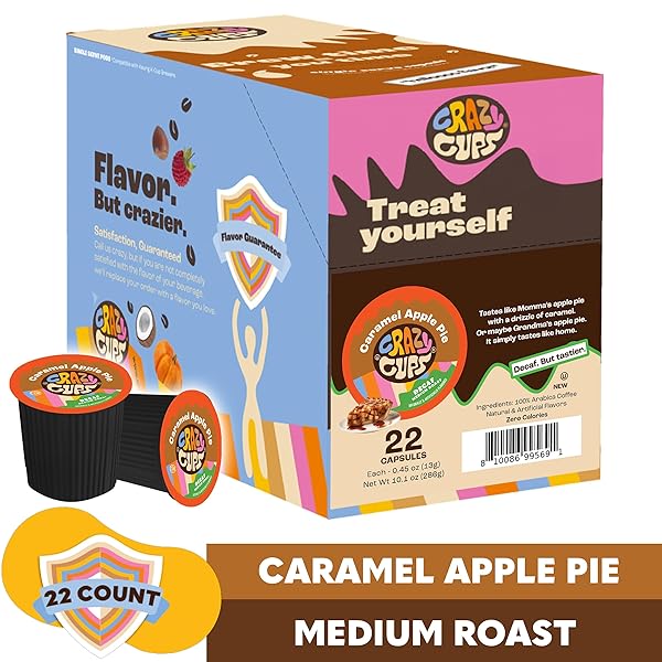 CRAZY CUPS DECAF FLAVORED COFFEE PODS, DECAFFEINATED CARAMEL APPLE PIE SINGLE SERVE COFFEE CUPS FOR K CUP KEURIG MACHINES, BREW HOT OR ICED FALL COFFEE, 22 COUNT