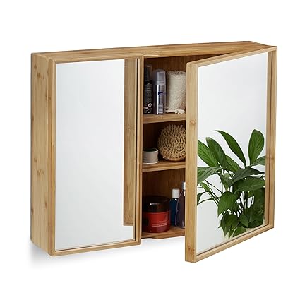 Relaxdays Bathroom Bamboo Mirror Cabinet 2 Doors Hanging Cupboard