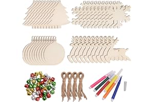 Livder 86 Pieces Unfinished Christmas Wooden Ornaments Set, 40 Pieces Natural Wood Slices, 40 Pieces Bells and 6 Color Pens for DIY Crafts Christmas Tree, Gift Decorations