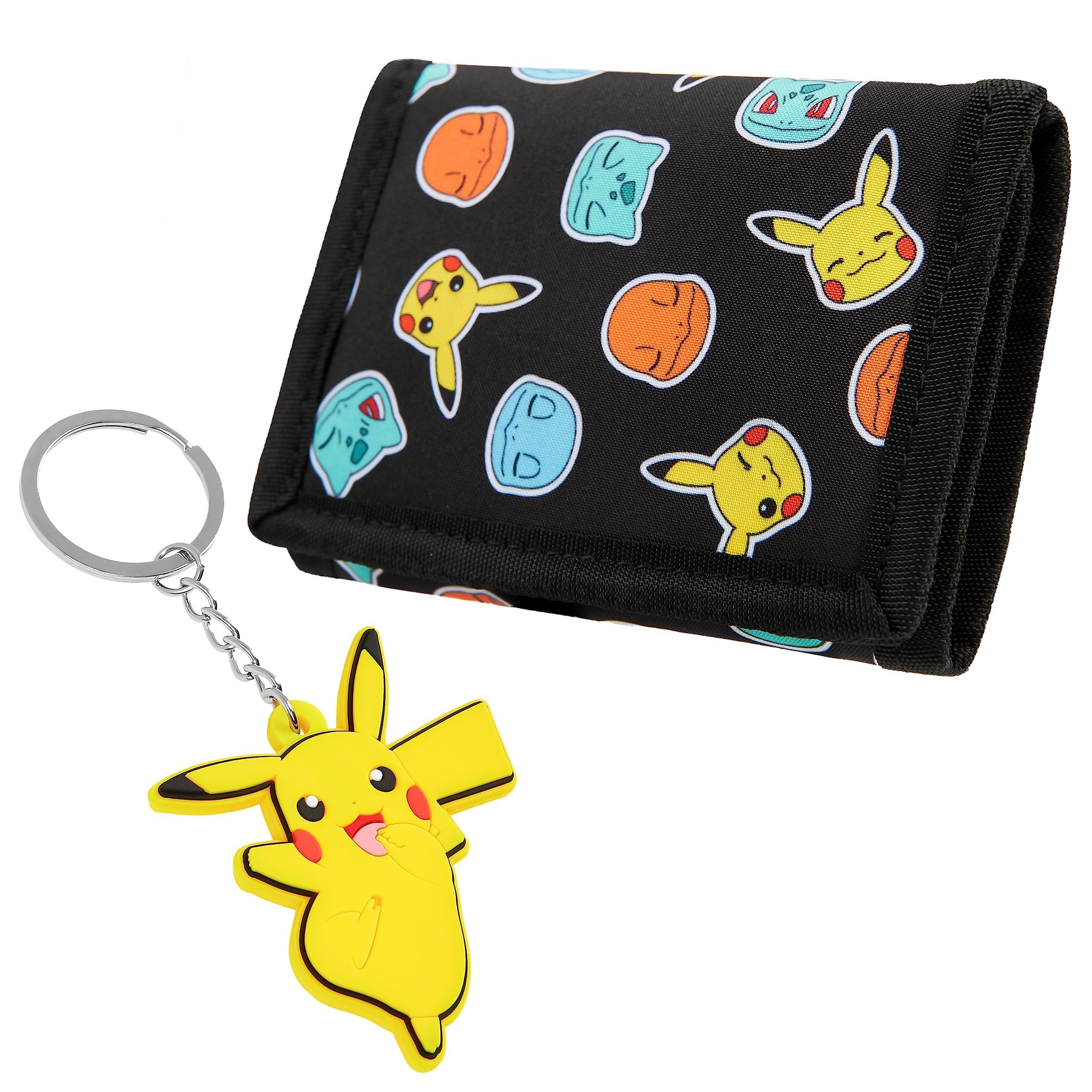 Photo 1 of Pokemon Wallet and Keychain Set for Kids Trifold Wallet with ID Pocket Card Slots Zipper Coin Purse Pikachu Anime Gifts for Boys (Black/Yellow)