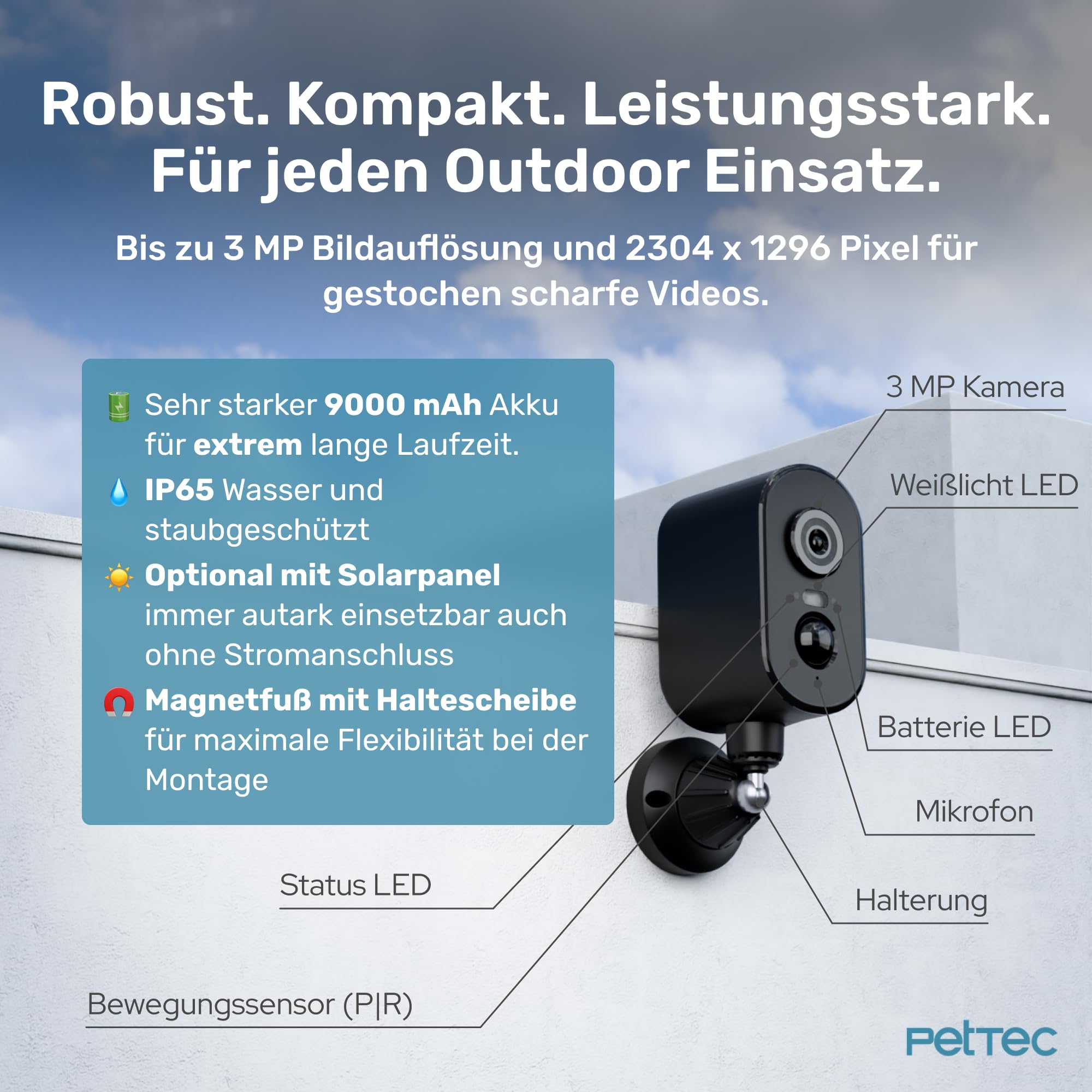 PetTec Cam Free 4G Überwachungskamera [4G/LTE OHNE WLAN] mit Akku & Schwenk Funktion - Outdoorkamera 3MP Ultravision, Bewegungserkennung, 15m Nachtsicht IP65 Flutlicht Sirene, Rückfahrkamera 4