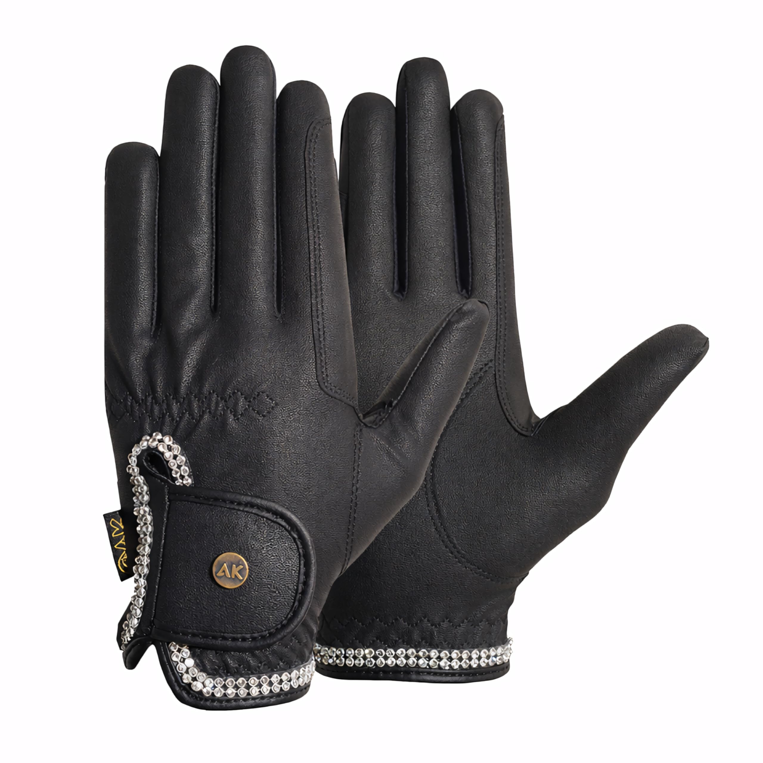 AK Horse Riding Gloves for Competition & Dressing with Crystal Diamante (Black, L)