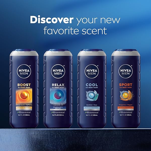 NIVEA MEN COOL BODY WASH, ICY MENTHOL AND YUZU SCENT, 3-IN-1 MEN’S BODY WASH, FACE AND HAIR, PARABEN FREE, PH-SKIN FRIENDLY, 16.9 FL OZ BOTTLE