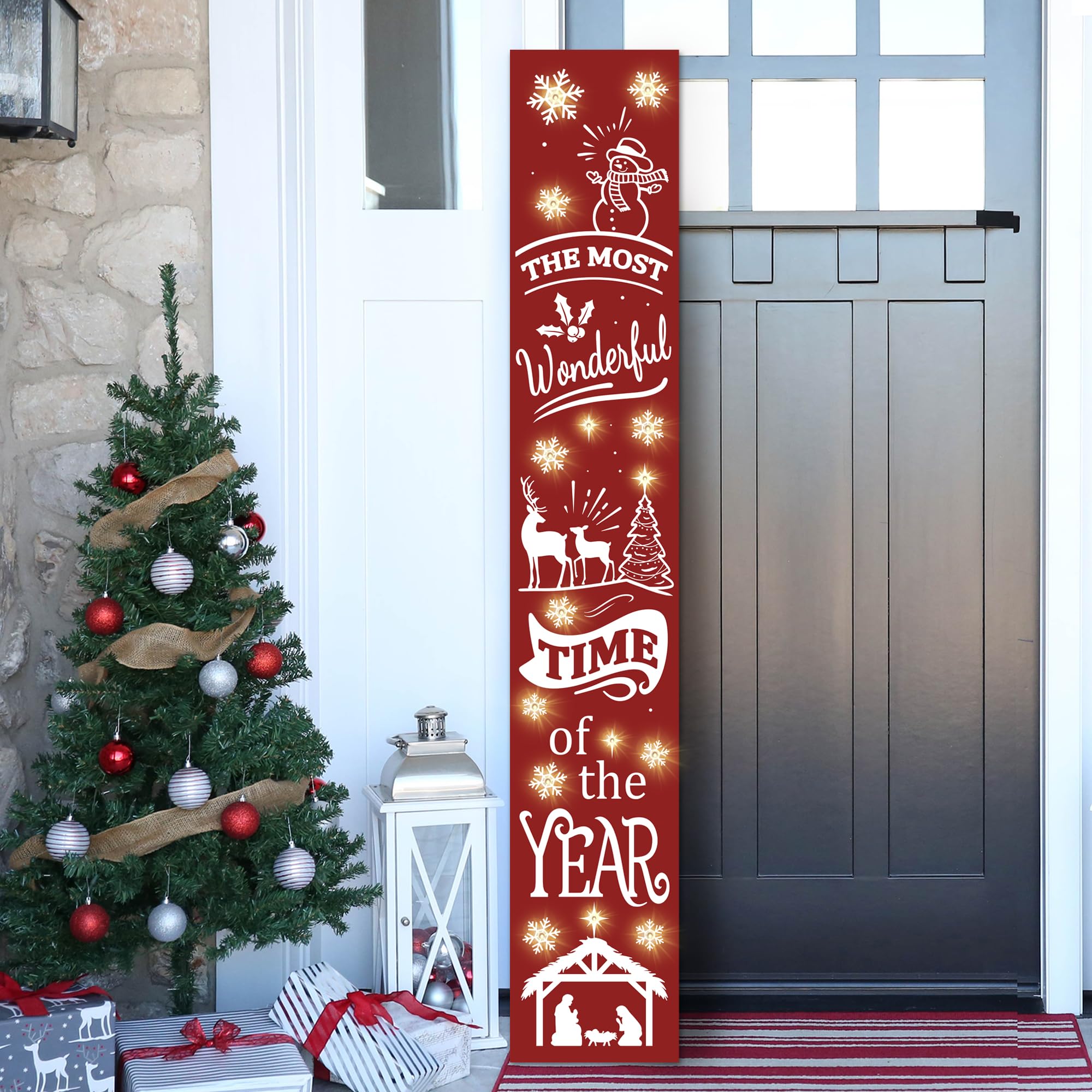 Photo 1 of ***MISSING SCREWS** Lighted Wooden Welcome Sign, Merry Christmas Snowflake Elk Porch Sign for Front Door Decorations, Rustic Farmhouse Red Xmas Hanging Signs Wall Sign for Christmas Happy New Year Decor 47.2"H