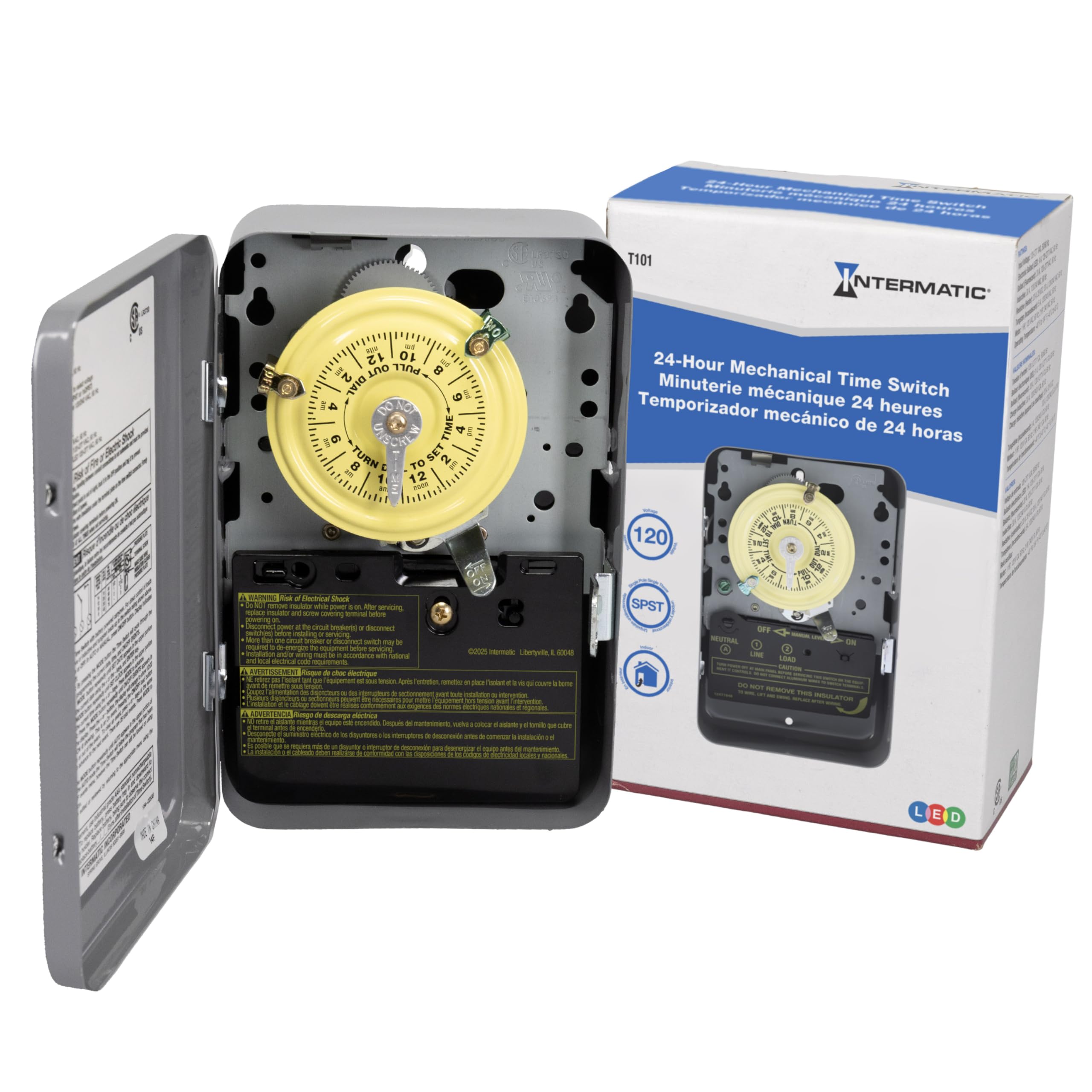 Photo 1 of Intermatic T101 24-Hour Mechanical Timer Switch - 120V SPST, Indoor Metal Enclosure, Heavy Duty, Manual Override, 40 Amp - Ideal for Lights, Pumps, Fans, and HVAC Systems