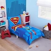 NoJo Superman Up in The Sky 4 Piece Toddler Bed Set Includes Comforter, Fitted Bottom Sheet, Flat Top Sheet, and Reversible Pillowcase fits Standard Toddler Mattress (Officially Licensed Product)