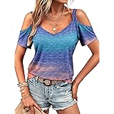LilyCoco Womens Cold Should Tops Summer Ombre Sexy V Neck Short Sleeve T Shirt