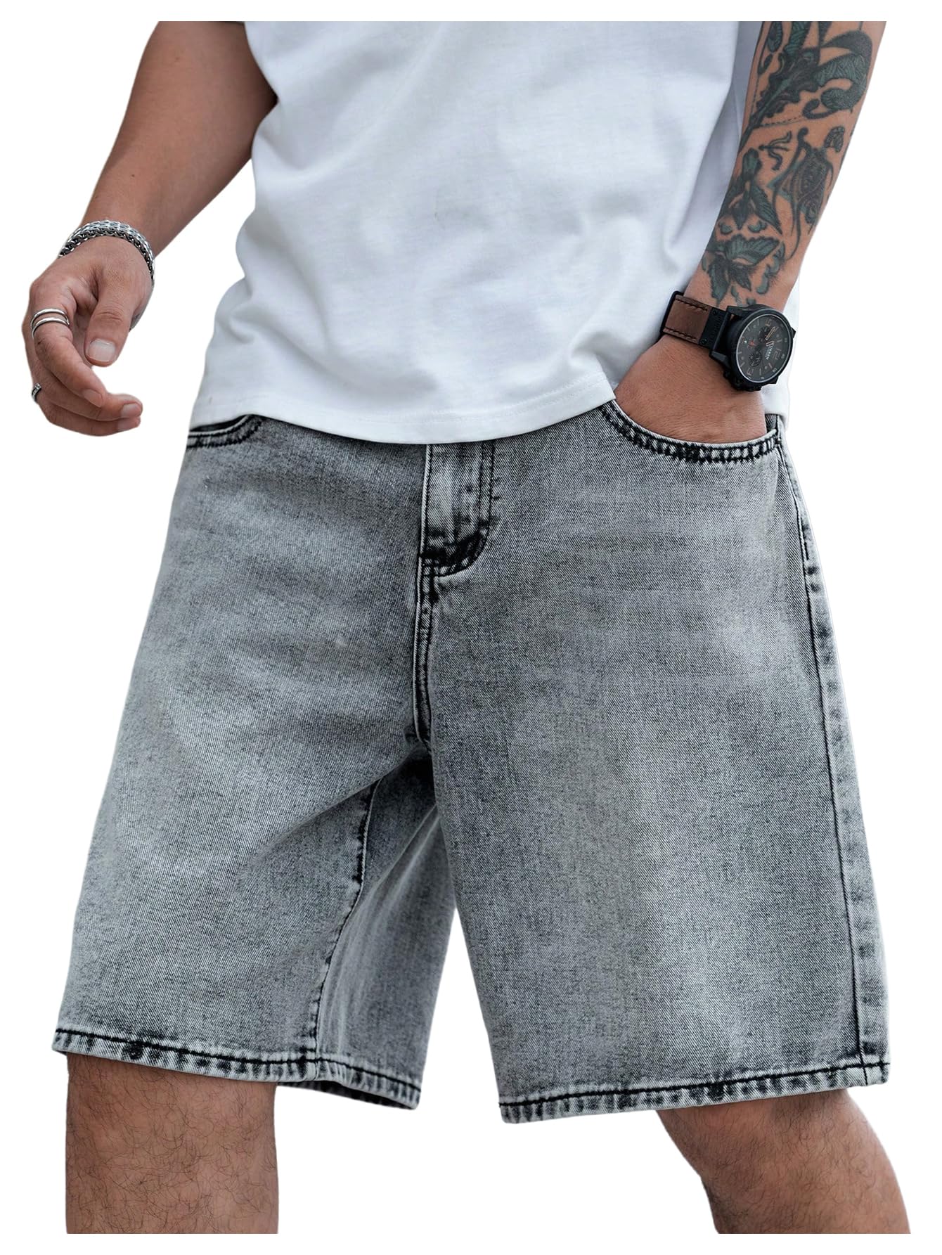 Verdusa Men's Jorts Baggy Jean Shorts Mid Waist Vintage Summer Denim Shorts