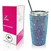 XMYAINA Bling Rhinestone Tumbler 20oz Stainless Steel Studded Glitter Thermal Cup with Leak proof Lid and Straws Double Wall Vacuum Insulated Portable Travel Coffee Mug (Sapphire Blue)
