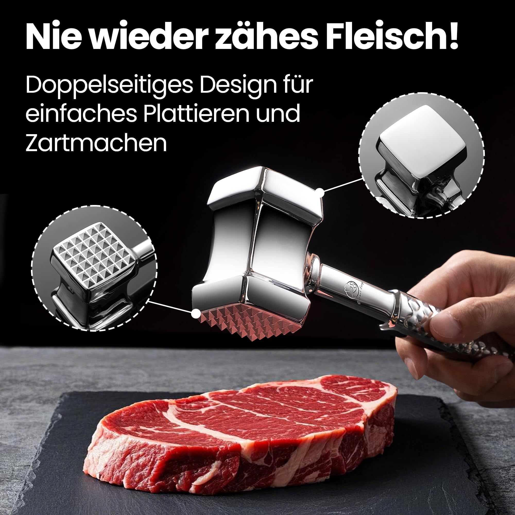 Fleischklopfer Edelstahl spülmaschinenfest - Original Design - Doppelseitiger Schnitzelklopfer ideal für Schnitzel, Koteletts, Steaks - Fleischhammer mit lebenslanger Garantie 3