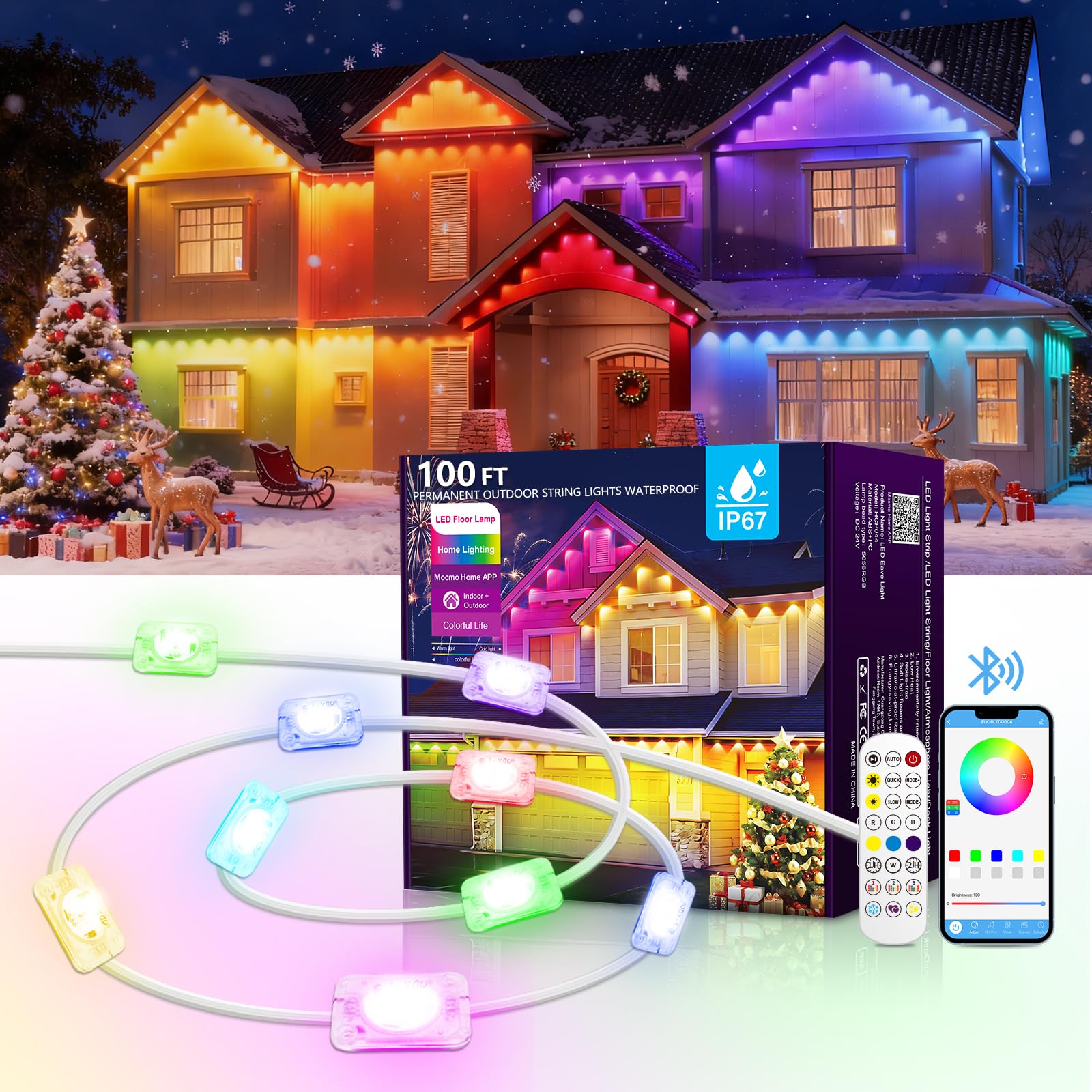 Photo 1 of AHAWILL 100FT Christmas Permanent Outdoor Lights,RGB Eaves Lights with App & Remote Control,DIY Multi-Color Scene Modes,IP67 Waterproof,Outdoor Strings for House,Holiday Decorations for Christmas