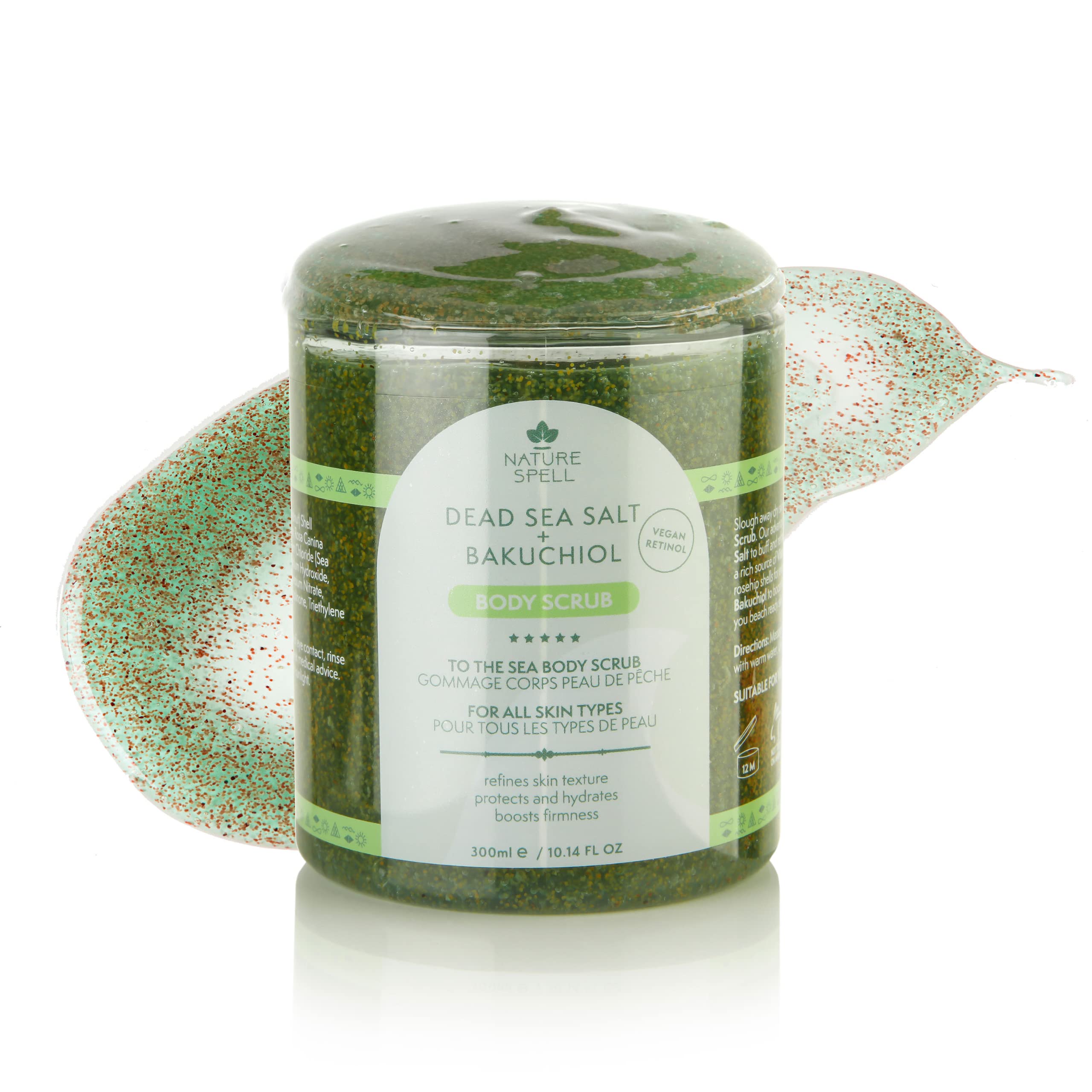Nature Spell Dead Sea Salt Body Scrub 300 ml – Natural Exfoliation for Body – Removes Dead Skin Cells – Infused with Vegan Retinol (Bakuchiol) and Matcha Green Tea– 100% Vegan – Made in the UK