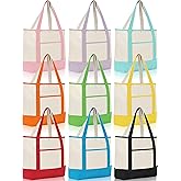 Sanwuta 9 Pack Canvas Tote Bags with Outer Pocket Large Reusable Grocery Shopping Travel Blank Tote Bag for Women Mother