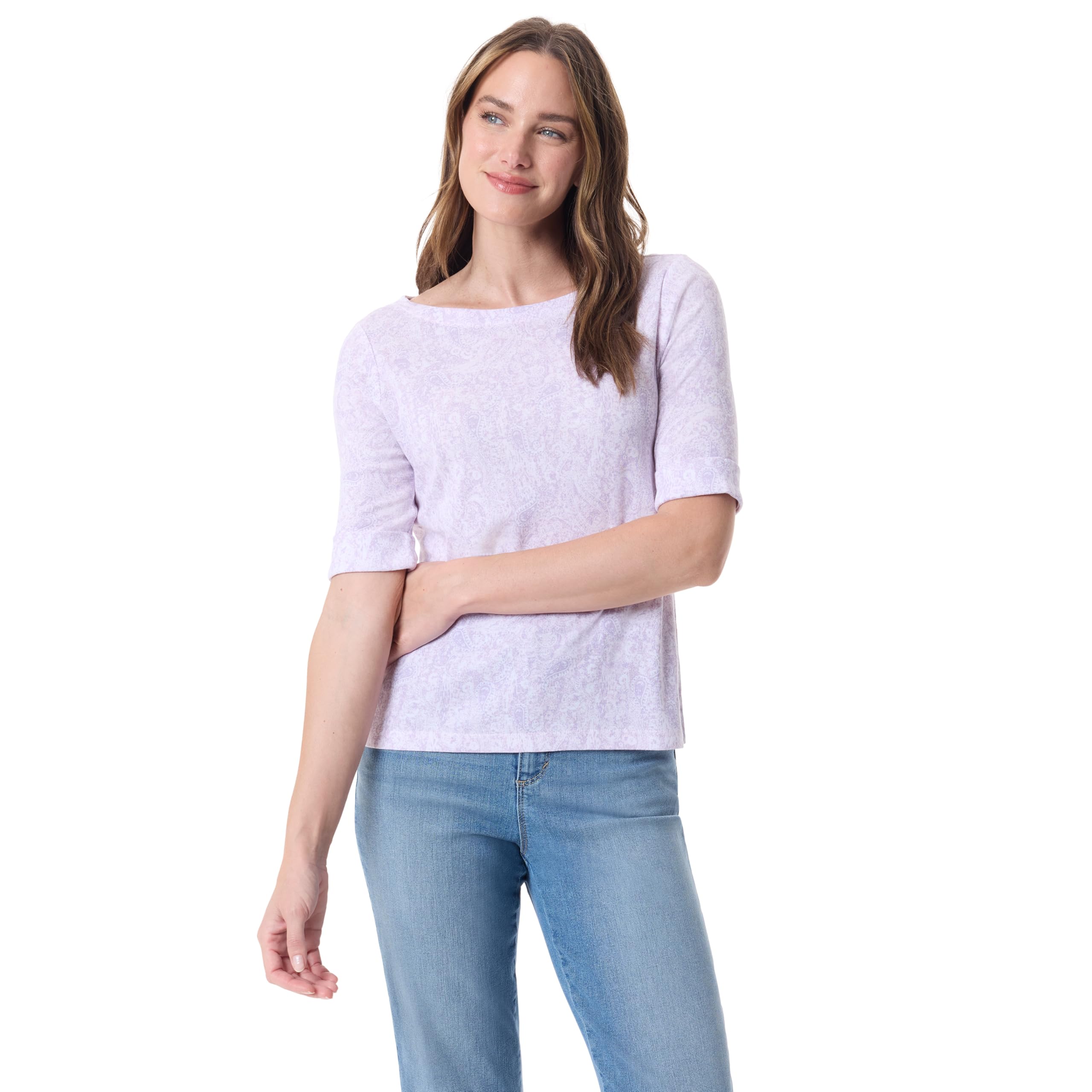 Photo 1 of Gloria Vanderbilt Women's Alanis Boat Neck Knit Tee Shirt with Elbow Sleeves Standard, Soft Peony-Paisley Arabesque