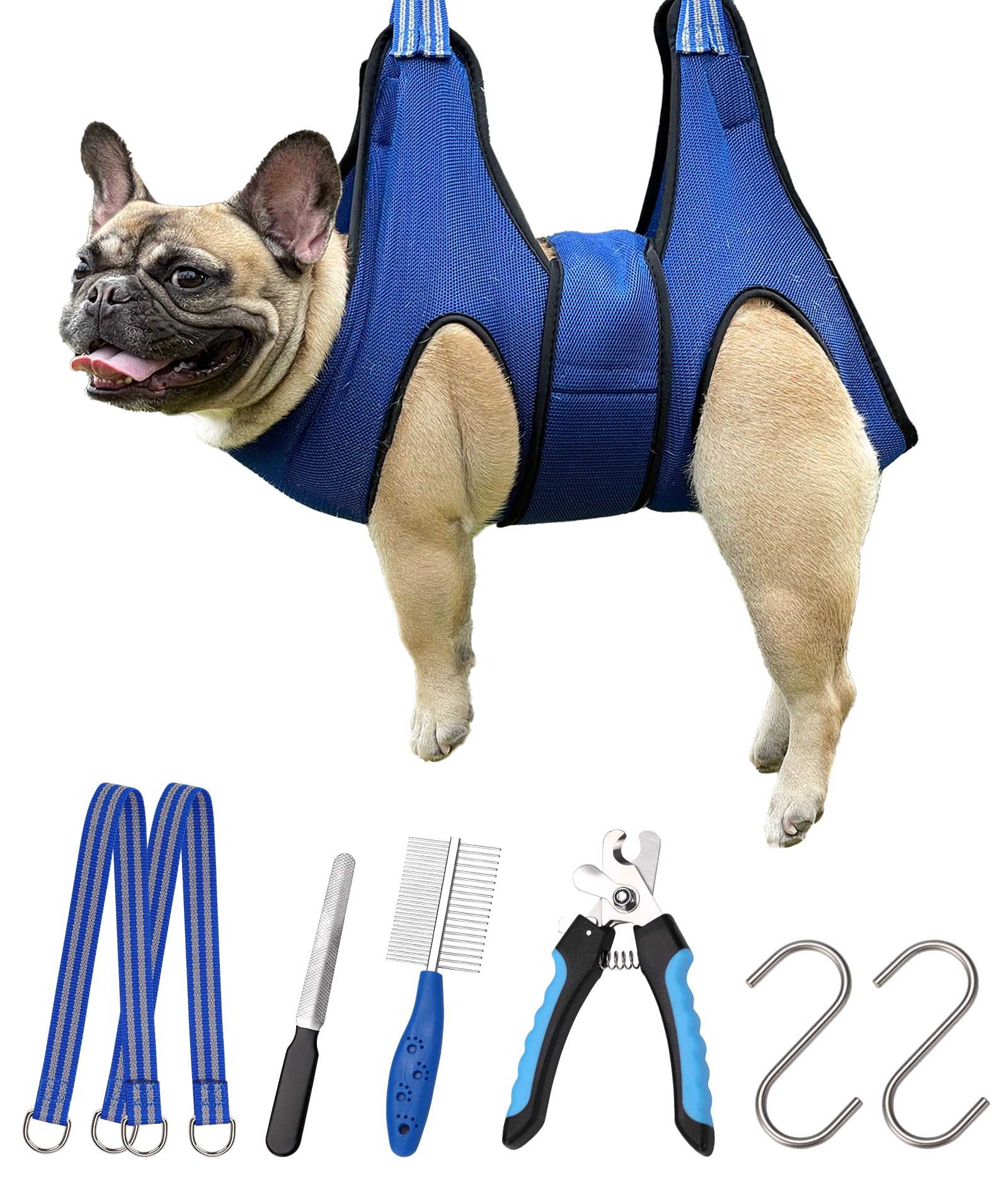 Kkiimatt Dog Grooming Hammock,Pet Hammock Harness for Medium Dogs/Giant Cats, Nail Trimming with Clippers/File, Sling Wide Strap Sewed on Pet Restraint Bag, Blue