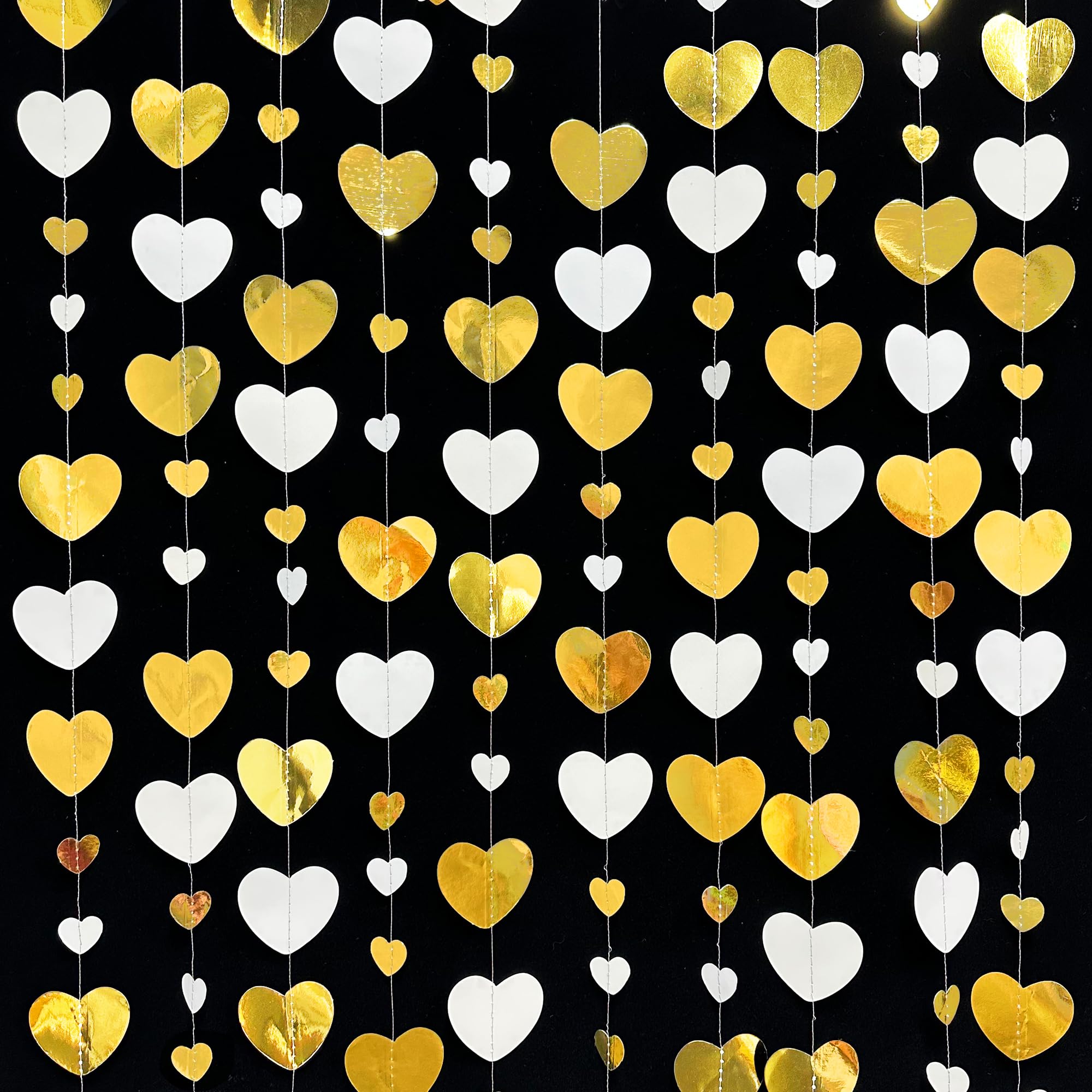 52Ft White and Gold Love Heart Garland Hanging Paper Streamer Banner for Anniversary Bachelorette Engagement Wedding Bridal Shower Birthday Father's Mother's Day Valentines Christmas Party Decorations