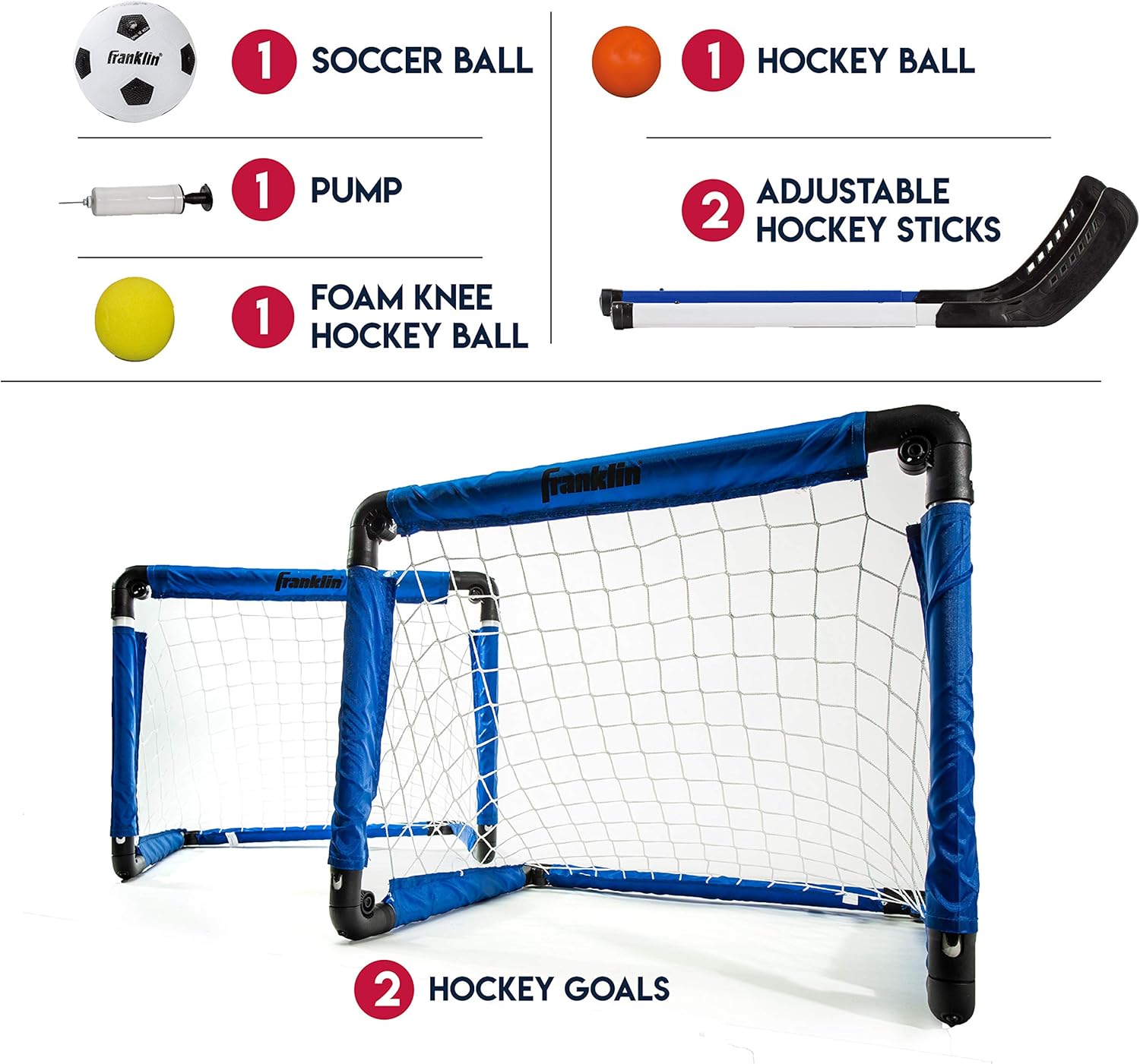 Franklin Sports Indoor Mini Goal Sports Set - 3 in 1 Kids Indoor Goal Set - Indoor Mini Floor Hockey, Knee Hockey, and Mini Soccer Set for Kids : Hockey Equipment : Sports & Outdoors