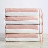 Great Bay Home 100% Cotton Velour 4 Pack Oversized Beach Towels 35" x 70" - Cabana Stripe Pool Towels - Quick Dry, Large Swim Towel (Dusty Rose/White)