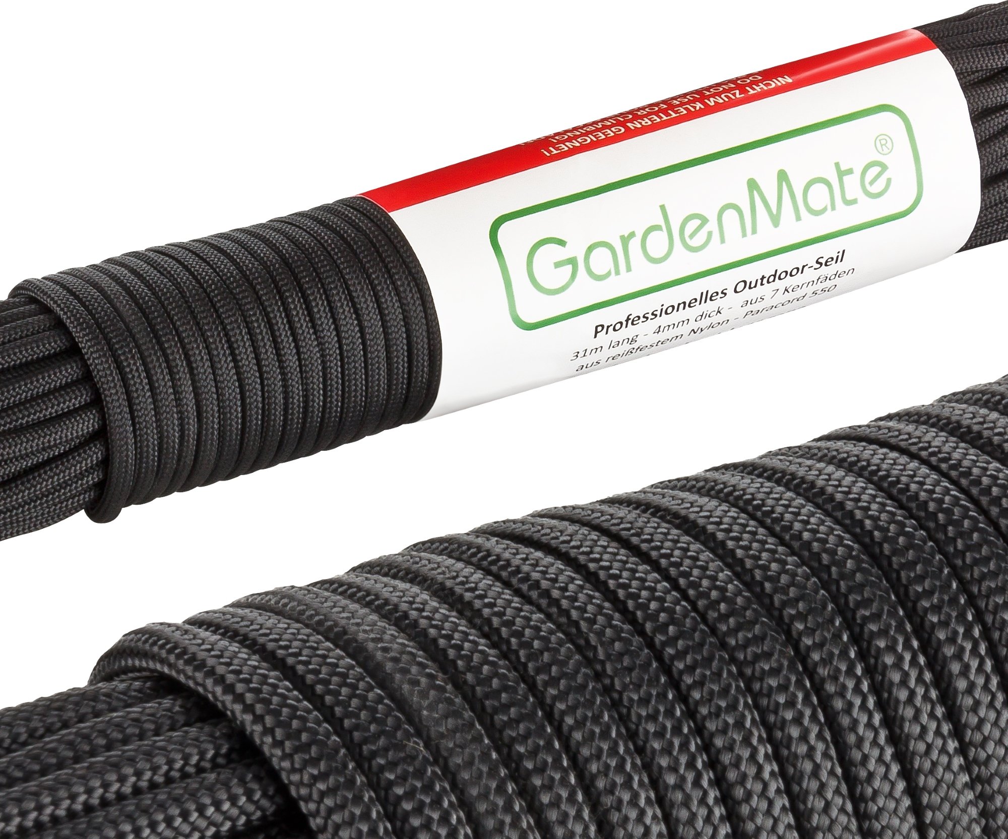 GardenMate Professional Nylon Outdoor Rope, Paracord 550, 31m Long, 4mm Thick, Tear-Resistant Kernmantle Rope with 7 Core Strands, Black