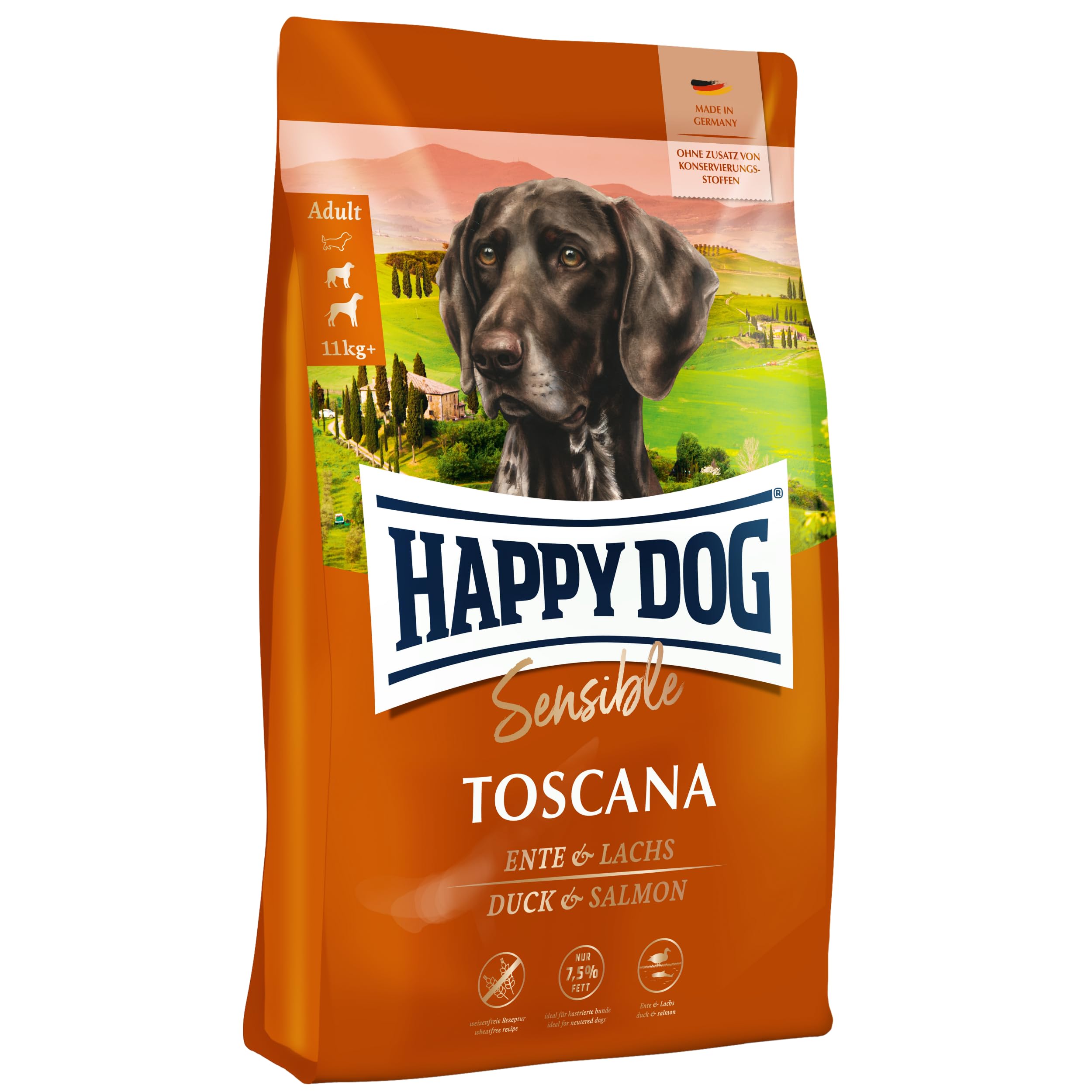 Happy Dog Supreme Sensible Toscana | 1 kg | Low-Fat, Wheat/Gluten‑Free Dry Dog Food with Duck & Salmon